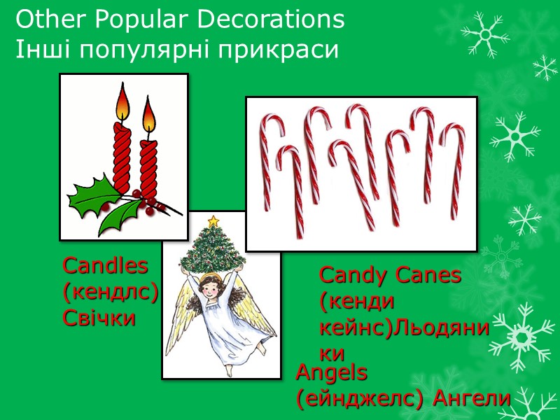 Other Popular Decorations Інші популярні прикраси Candles (кендлс) Свічки Candy Canes (кенди кейнс)Льодяники Angels